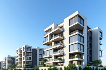 Obraz premium Architecture and real estate, residential apartment building with large panoramic windows, modern complex, angle view, blue sky background.