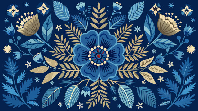 Fototapeta Stylized folk art floral pattern with blue flowers and leaves on dark blue