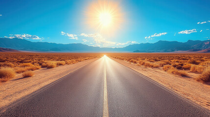 long straight desert road under blue sky with sand dunes and bright sunlight, arid landscape with copy space 