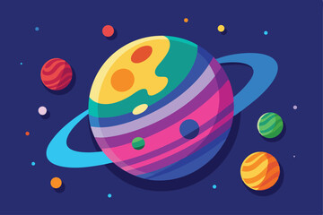 Vibrant Colorful Cartoon Planet with Rings and Moons in Space