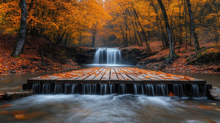hidden waterfall flowing through autumn woodland with rustic wooden bridge and vivid fall foliage
