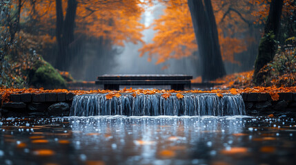 hidden waterfall flowing through autumn woodland with rustic wooden bridge and vivid fall foliage