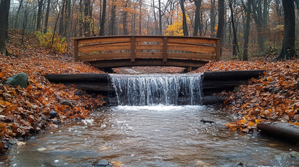 hidden waterfall flowing through autumn woodland with rustic wooden bridge and vivid fall foliage