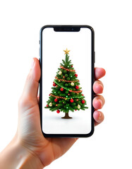 A smartphone held in a hand with Christmas ornaments like baubles and stars placed on or around it, isolated on a transparent background, blending technology with festive decor.