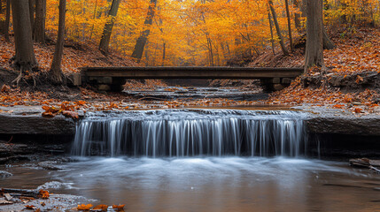 hidden waterfall flowing through autumn woodland with rustic wooden bridge and vivid fall foliage