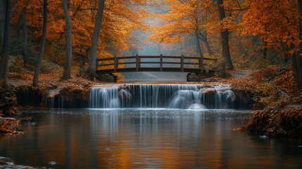 hidden waterfall flowing through autumn woodland with rustic wooden bridge and vivid fall foliage