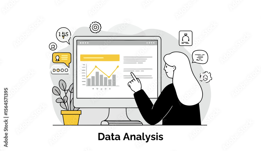 Poster female data analyst reviewing data analysis reports on a computer screen in a modern office setting.