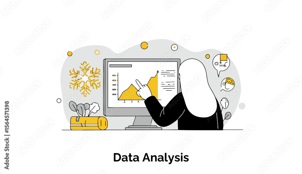 Poster female professional in business attire analyzing data on a computer screen in a modern office settin