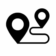 Illustrative black and white vector graphic of a route marked with two location pin symbols