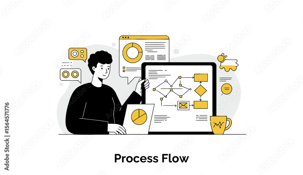 Poster young man presenting process flow diagrams on a tablet in a modern office setting. business consulta