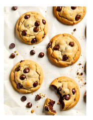 Delicious chocolate chip cookies stacked and scattered, isolated on a clean white background, perfect for bakery or dessert themes.