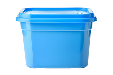 A studio shot featuring a blue plastic food container with its lid on a black background