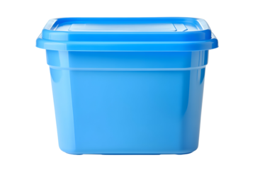 A studio shot featuring a blue plastic food container with its lid on a black background