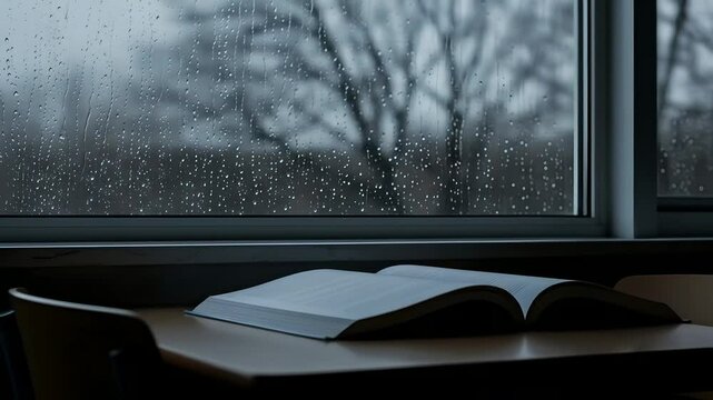 Raindrops on window, book on desk, cozy study scene. Atmosphere for reading, education, relaxation. Use for weather reports,  literature, educational content, introspective mood.