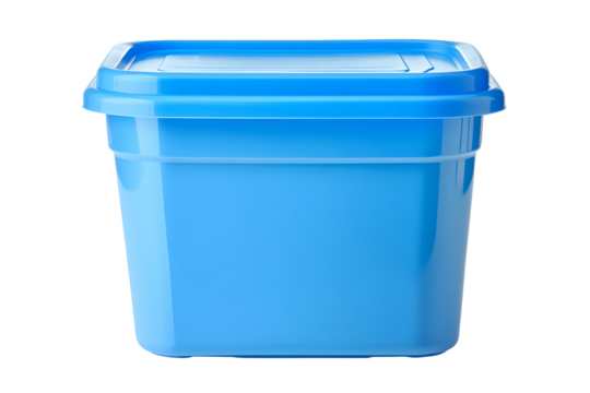 A studio shot featuring a blue plastic food container with its lid on a black background
