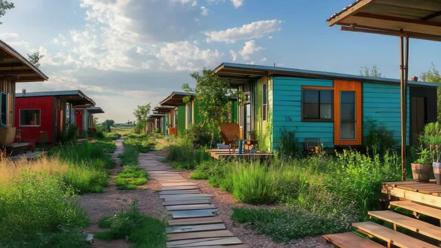 A vibrant row of colorful tiny houses in a grassy field