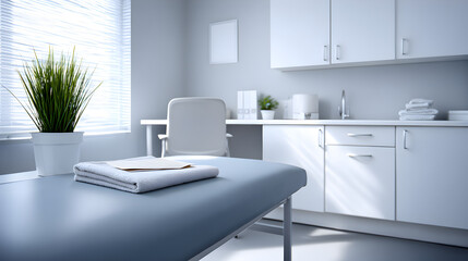 Bright and modern medical examination room featuring a clean treatment table, neatly folded towels, and a potted plant, creating a welcoming and professional healthcare environment