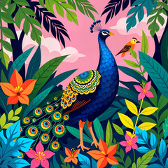 Create a vector art piece of a vibrant tropical landscape featuring a majestic peacock strutting through a lush jungle, surrounded by exotic foliage. Use a collage style with bold, saturated colors an