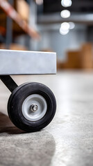 Close-up view of a black rubber wheel on a cart, positioned on a polished concrete floor in a spacious warehouse, highlighting industrial design and functionality