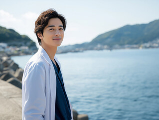 A side-profile portrait of a cheerful Asian male doctor with a warm smile, wearing a white lab coat over blue scrubs. He is looking towards the camera with a friendly and confident expression.