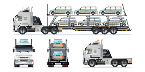 Car carrier trailer, heavy car carrier semi trailer truck carrying fully loaded cars on two vehicle levels from different angles vector set illustration