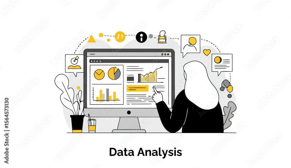 Poster female data analyst in hijab reviewing data on computer screen in modern office setting. analyzing g