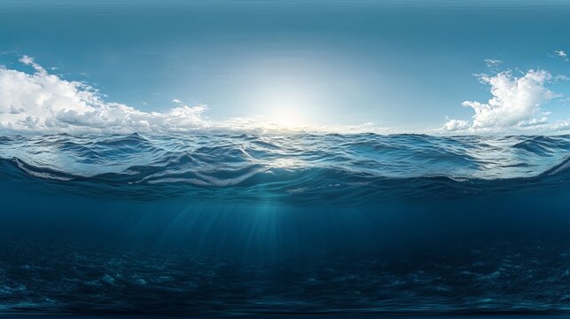 A panoramic view of the ocean surface with clouds and sunlight partially submerged underwater depths
