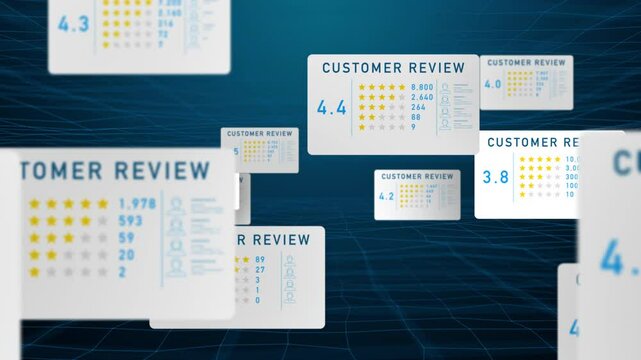 Floating digital customer review interface with star ratings and user analytics, looped animation