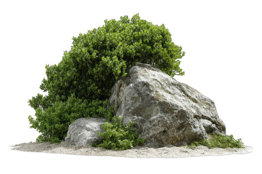 A large grey boulder partially obscured by lush green shrubbery sits on a small patch of light sand against a black background
