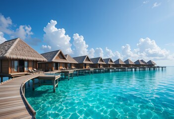 Fototapeta premium Scenic overwater tropical bungalows lined up under a bright blue sky with crystal clear turquoise