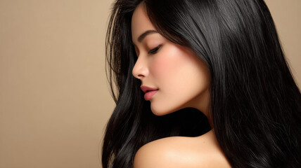 Naklejka premium Black hair woman with smooth skin and closed eyes showing natural beauty and elegance in close up portrait