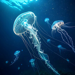 Naklejka premium top down view of bioluminescent jellyfish glowing