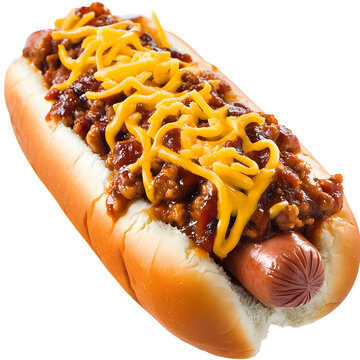 Delicious chili cheese dog on a bun isolated against a black background