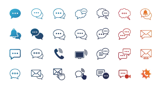 Pixelated Communication Icon Collection With Speech Bubbles Email And Call Symbols Against A Dark Background Isolated Transparent Background - Powered by Adobe