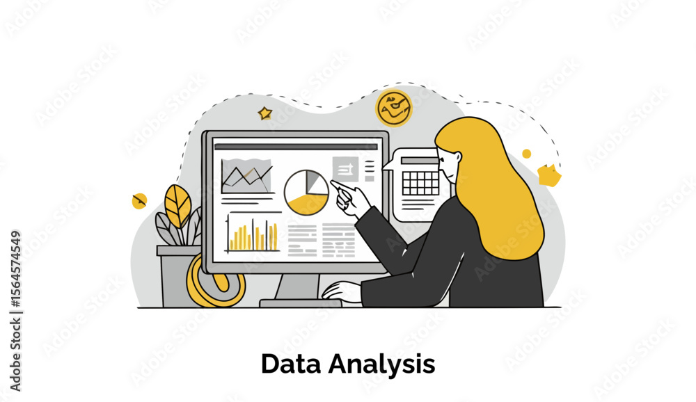 Poster female data analyst reviewing data on a computer screen in an office setting. focused on graphs and 