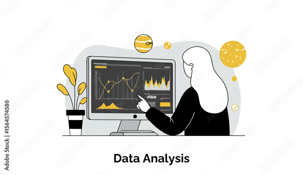 Poster female data analyst reviewing graphs on a computer in a modern office setting. focused on data analy