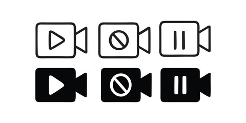 Hand Drawn Video Camera Icons with Play Stop and Pause Symbols Simple Black and White Pictograms for Media Apps