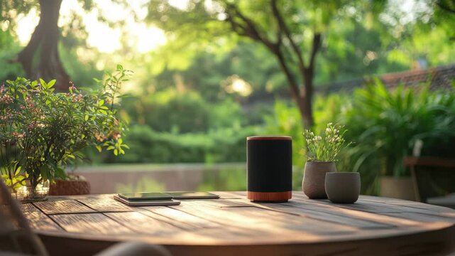 A wireless speaker sits on a wooden table in a tranquil garden setting