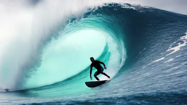 A surfer rides a massive ocean wave, showcasing incredible skill and balance