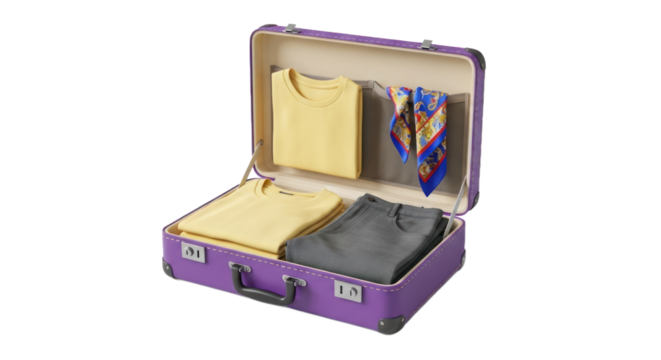 Purple Suitcase Filled with Yellow Shirts Gray Pants and a Colorful Scarf Isolated Transparent Background