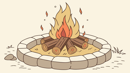 Illustration of a campfire with logs and flames inside a stone fire pit on a light background scene