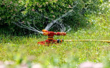 A red sprinkler with three nozzles is sitting on the grass