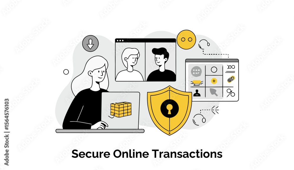 Poster female user interacting with secure online transactions with video conferencing and inventory manage