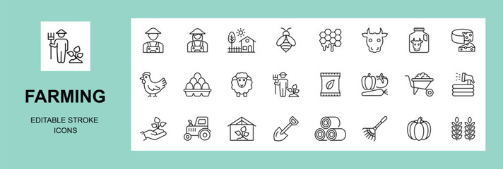 Farming icon set. Agriculture related line icons: farm, gardening, smart farm, farm animals, seeding, farmer and more. Editable stroke. Vector illustration.