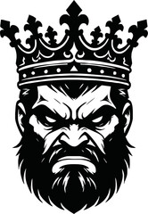 angry King with crown and beard. King head graphic sign isolated on white background. Vector illustration