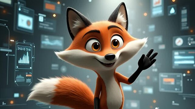 Friendly cartoon fox character with orange fur and big eyes interacting in a digital technology environment