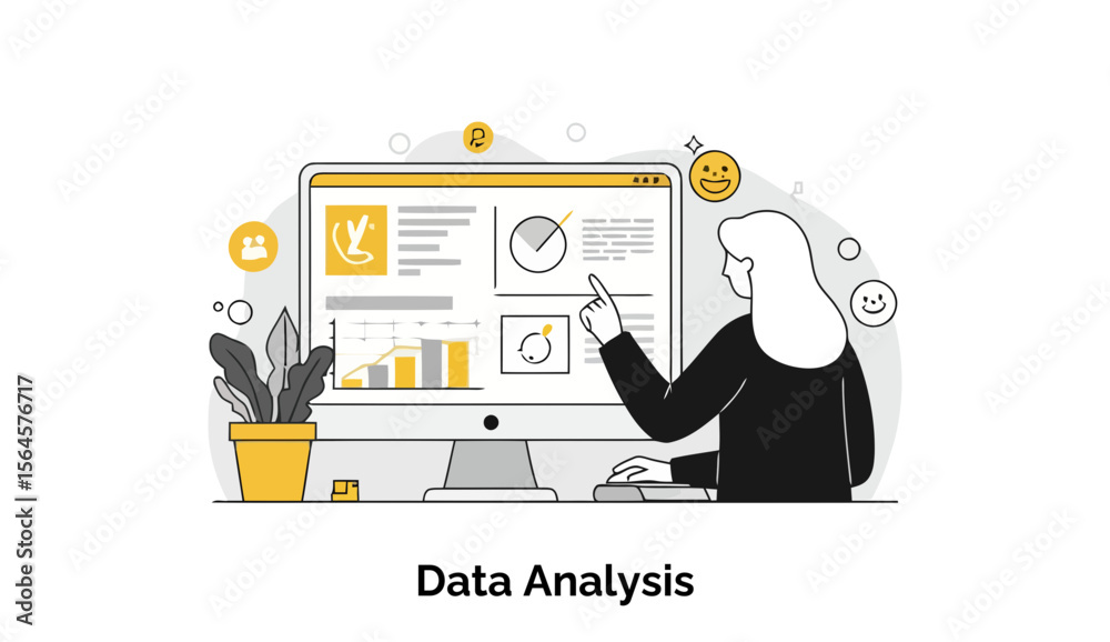 Poster female data analyst reviewing data on computer screen in office setting. pointing at data visualizat