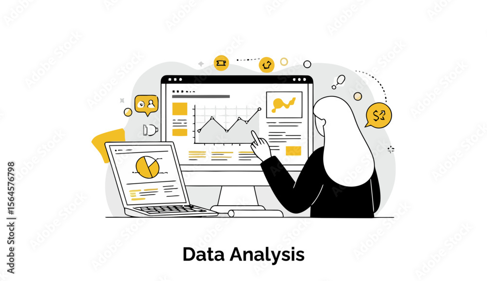 Poster female data analyst in hijab reviewing data on a computer monitor and laptop in an office setting. c