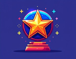 Golden star icon on a red pedestal, set against a blue circular background with pixelated stars.