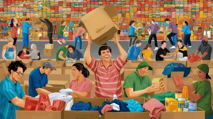 A massive, colorful warehouse bustles with happy volunteers sorting clothes and food into boxes for a huge humanitarian aid effort - Powered by Adobe